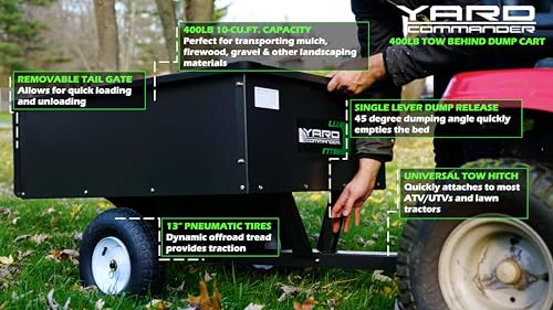 Yard Commander 400LB Heavy Duty Tow Behind ATV Trailer Steel Dump Cart 10-Cubic Feet Garden Utility Trailer V77511