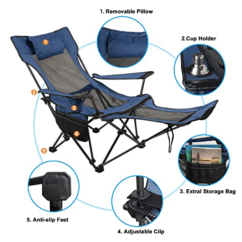 LEADALLWAY Camping Folding Chair with Foot Rest and Cup Holder, Blue H50160