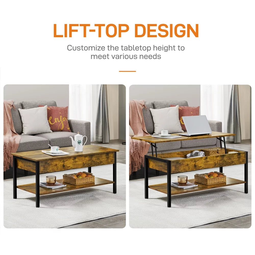 Alden Design Wood Lift Top Coffee Table with Hidden Compartment, Rustic Brown R562