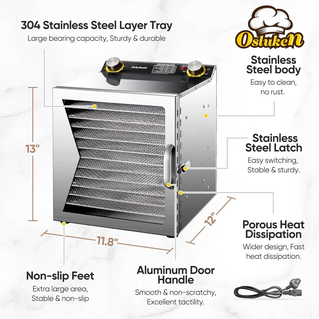 Food Dehydrator 800W, 12 Stainless Steel Trays, Timer & Temperature Control E154734