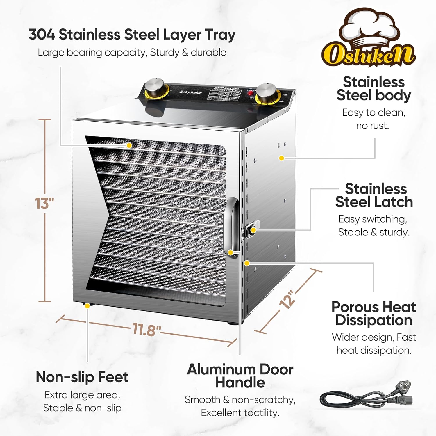 Food Dehydrator 800W, 12 Stainless Steel Trays, Timer & Temperature Control E154734
