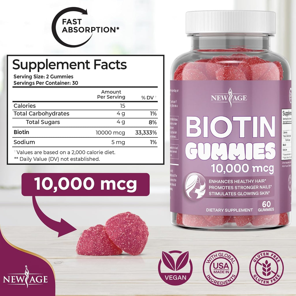 NEW AGE Biotin Gummies 10,000 mcg for Hair, Skin & Nails, Non-GMO, 120 Count Z407274