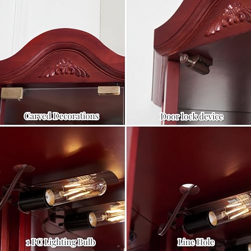 AMNOOL Glass Cabinet Lighted Antique Corner Curio Display Cabinet with Adjustable Shelves, Cherry W306442