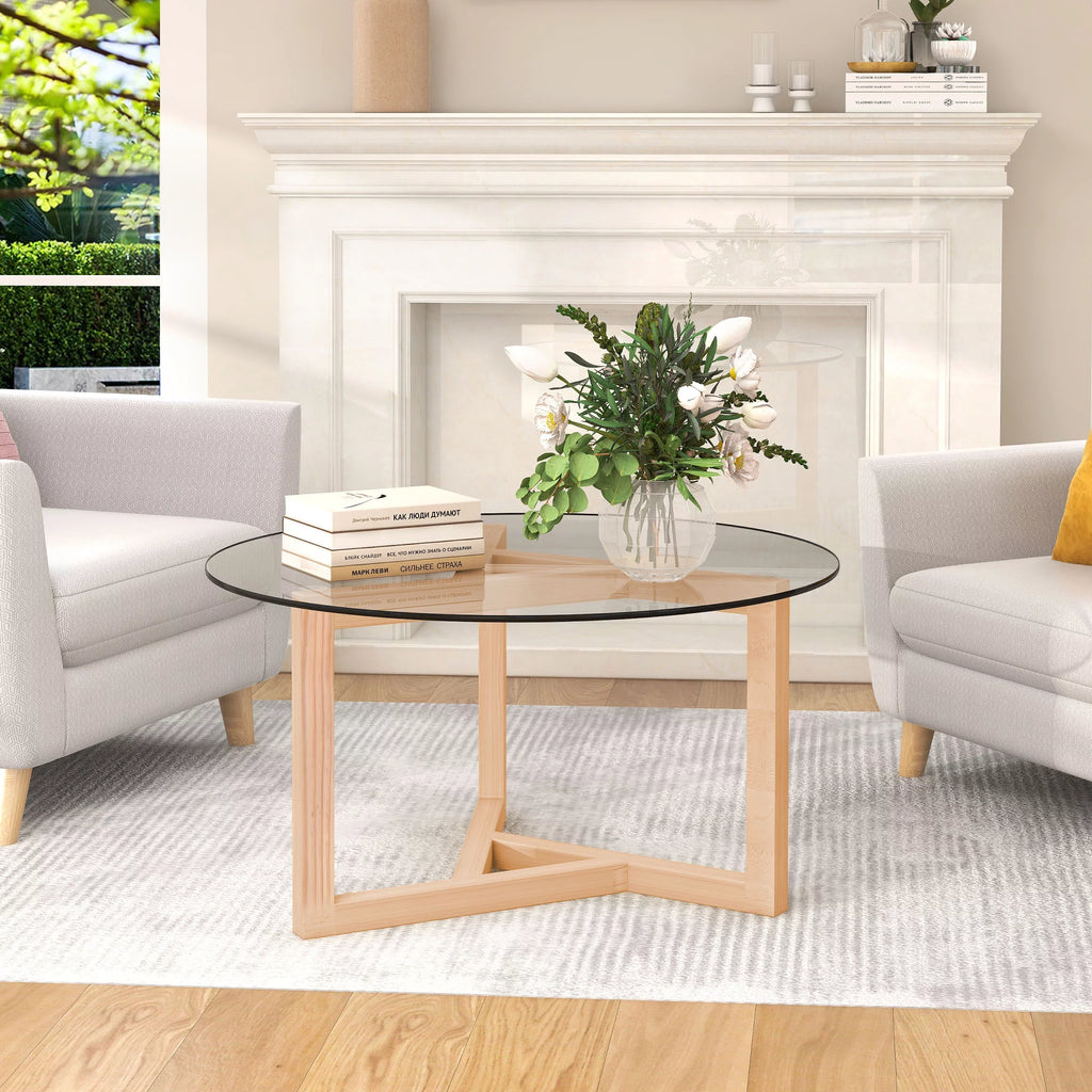 Round Glass Coffee Table with Tempered Glass Top & Wood Base Y46694