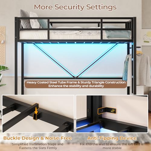 DICTAC Twin Loft Bed with Ladder and Guardrail, LED Lights, White B3802
