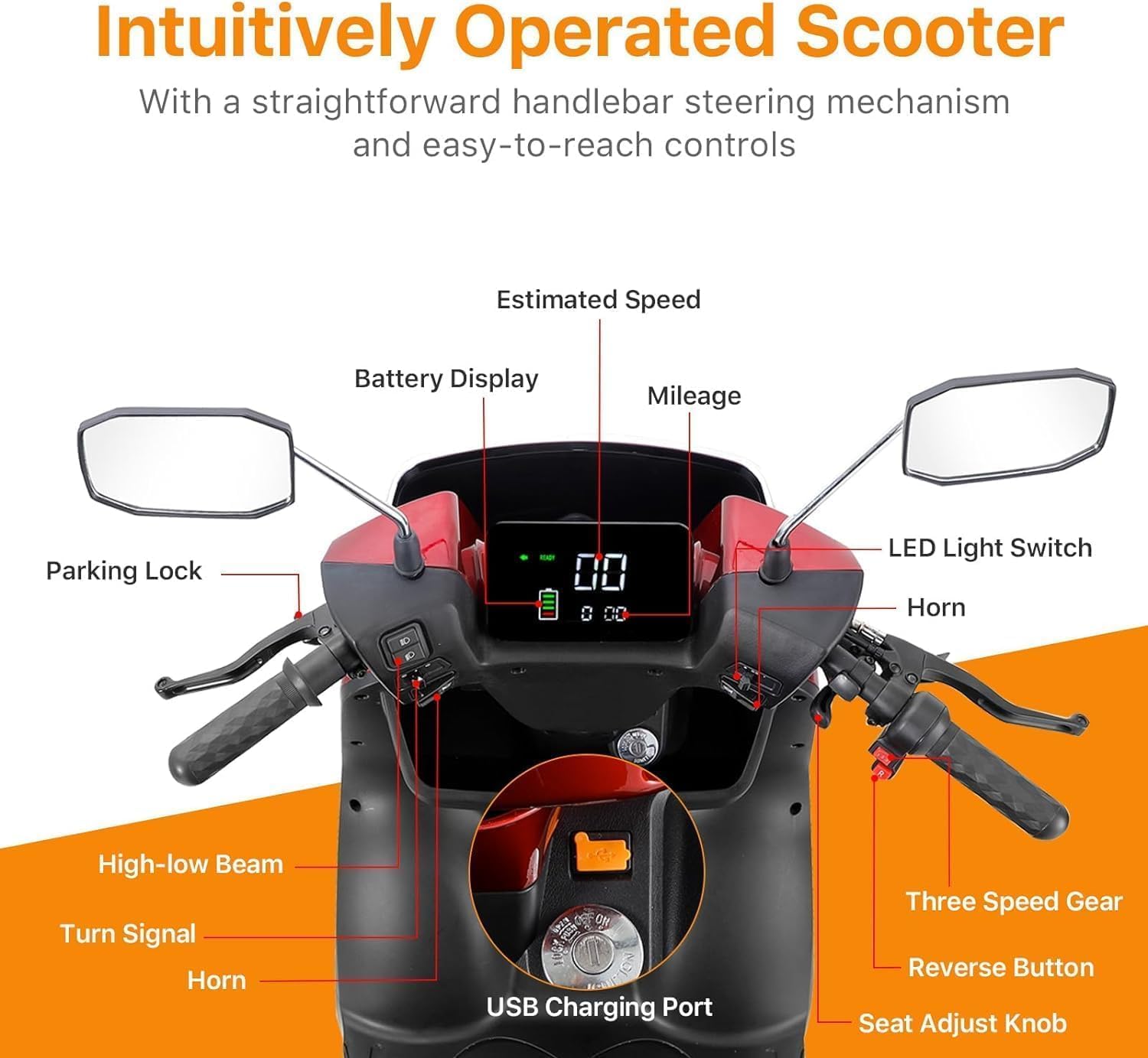 3 Speed 1000W 2 Seater Mobility Scooter with Bluetooth Speaker, Red D555