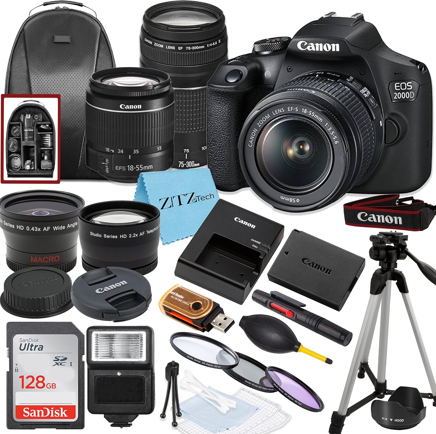 Canon EOS 2000D / Rebel T7 DSLR Camera with EF-S 18-55mm + EF 75-300mm Daul Lens + SanDisk 128GB Memory Card + Tripod + Case + Wideangle Lenses + ZeeTech Accessory Bundle (21pc Bundle) (Renewed)