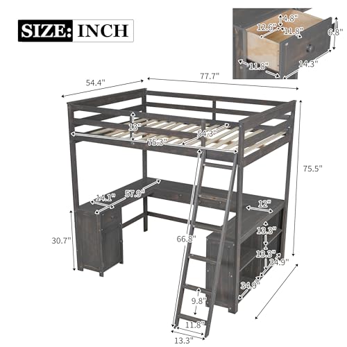 Harper & Bright Designs Full Size Loft Bed with Desk and Bookshelf, Solid Wood, White Y879