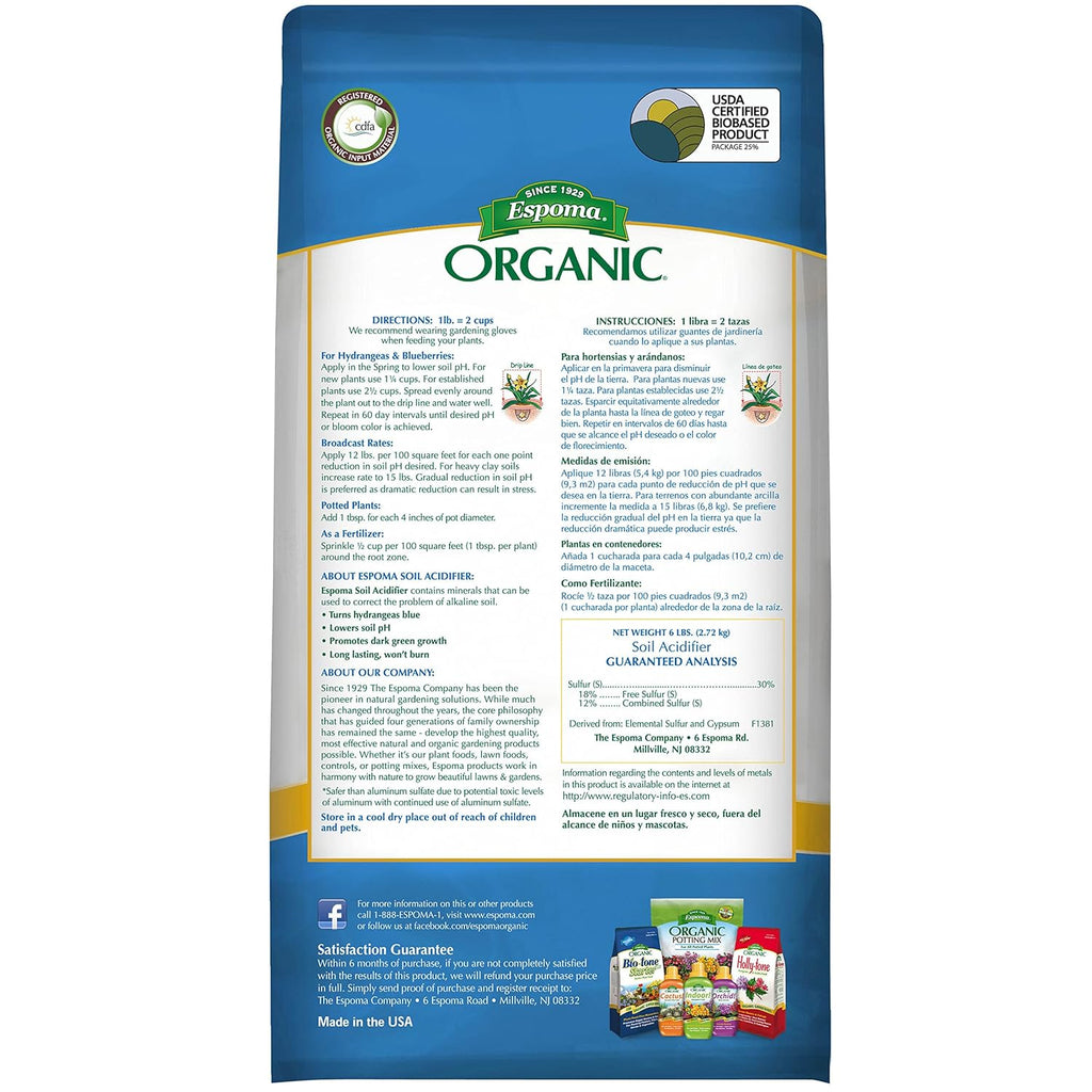 Espoma Organic Soil Acidifier, Lowers Soil pH for Hydrangeas, 6 lb Bag O638