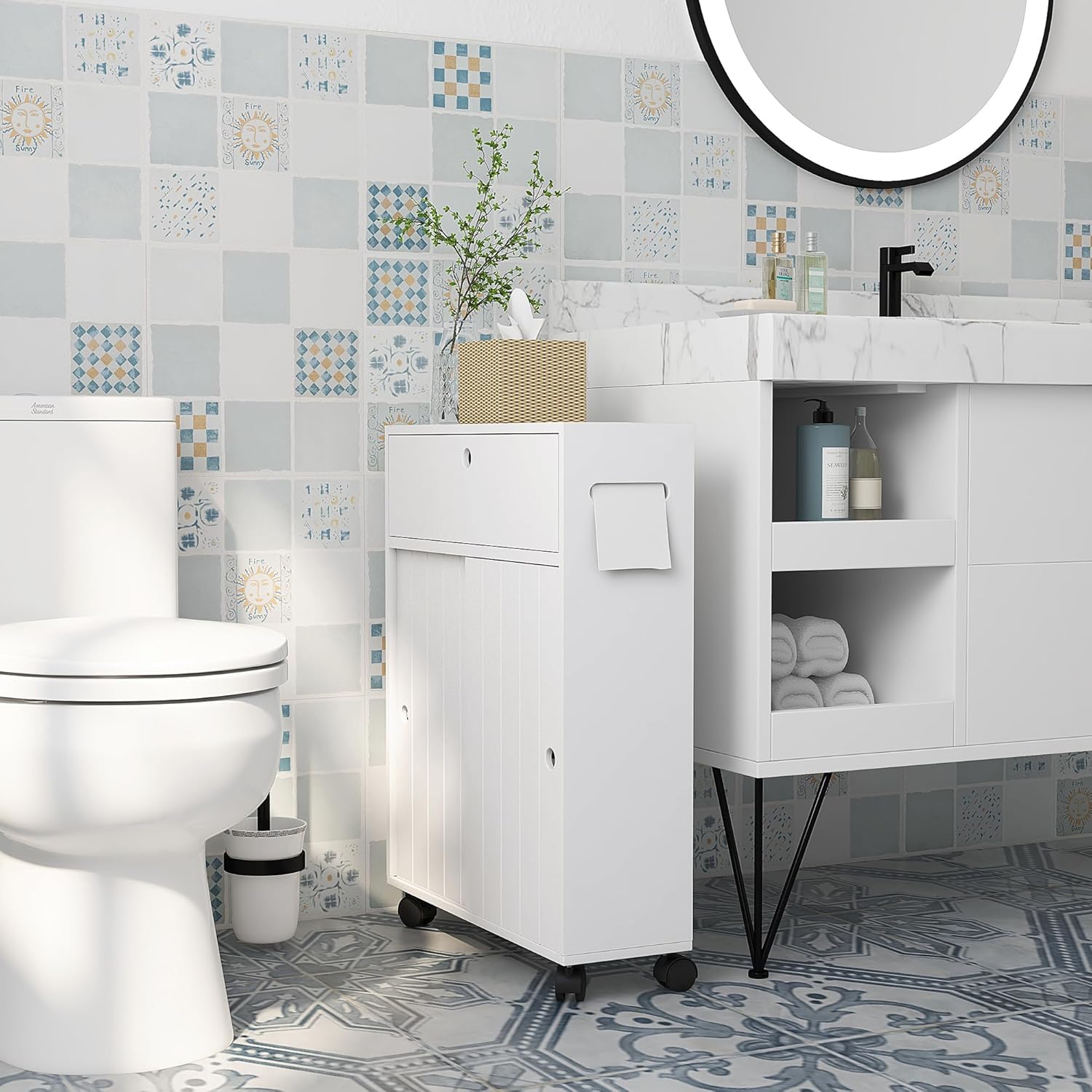kleankin Toilet Paper Cabinet, Slim Bathroom Storage with Rolling Wheels, White K6711