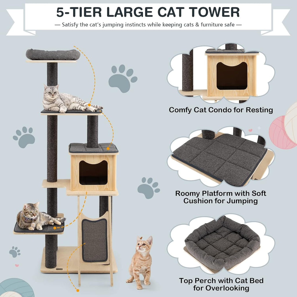 PETSITE 69" Tall Wooden Cat Tree Tower with Sisal Posts, Grey O423