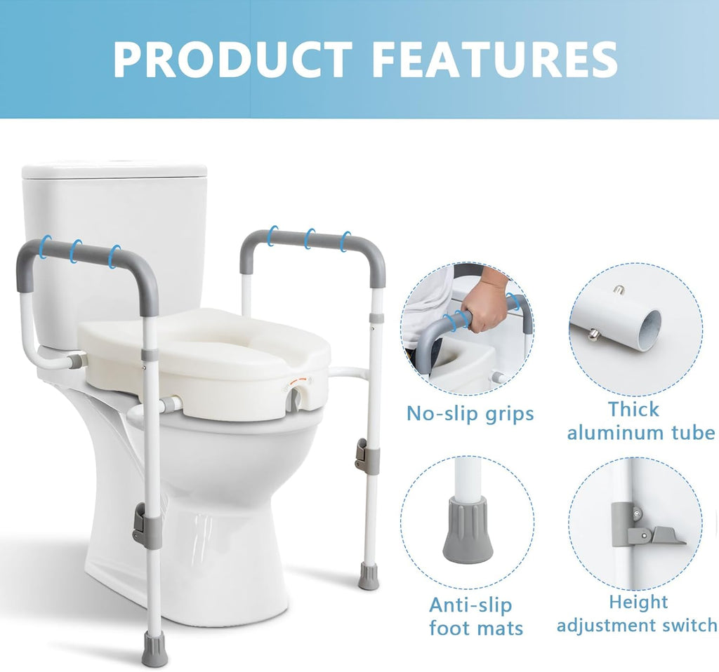 Raised Toilet Seat with Handles for Elderly, Adjustable Padded Arms R46780