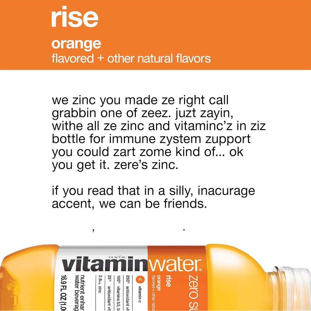 vitaminwater zero rise electrolyte enhanced water, orange, 16.9 Fl Oz (Pack of 24) U6120