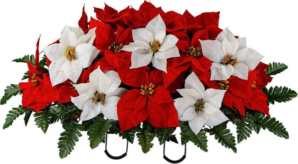 Sympathy Silks Artificial Cemetery Flowers - Christmas Poinsettias - Outdoor Grave Decorations - Red and White Poinsettias Saddle for Headstone