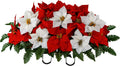 Sympathy Silks Artificial Cemetery Flowers - Christmas Poinsettias - Outdoor Grave Decorations - Red and White Poinsettias Saddle for Headstone