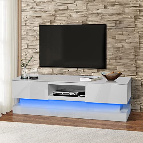 LED TV Stand Compatible with 32 40 50 55 Inch TV, Entertainment Center, High Glossy Front TV Cabinet, TV Console with 2 Large Storage Drawer, 16 RGB LED Backlight, 4 Light Mode and Remote Control Comp