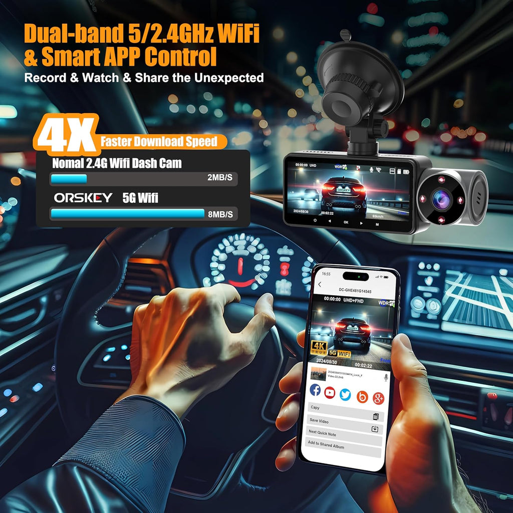 Orskey 4K Dash Cam Front and Rear Inside, 3 Channel, Built-in GPS, 64GB Card H130976