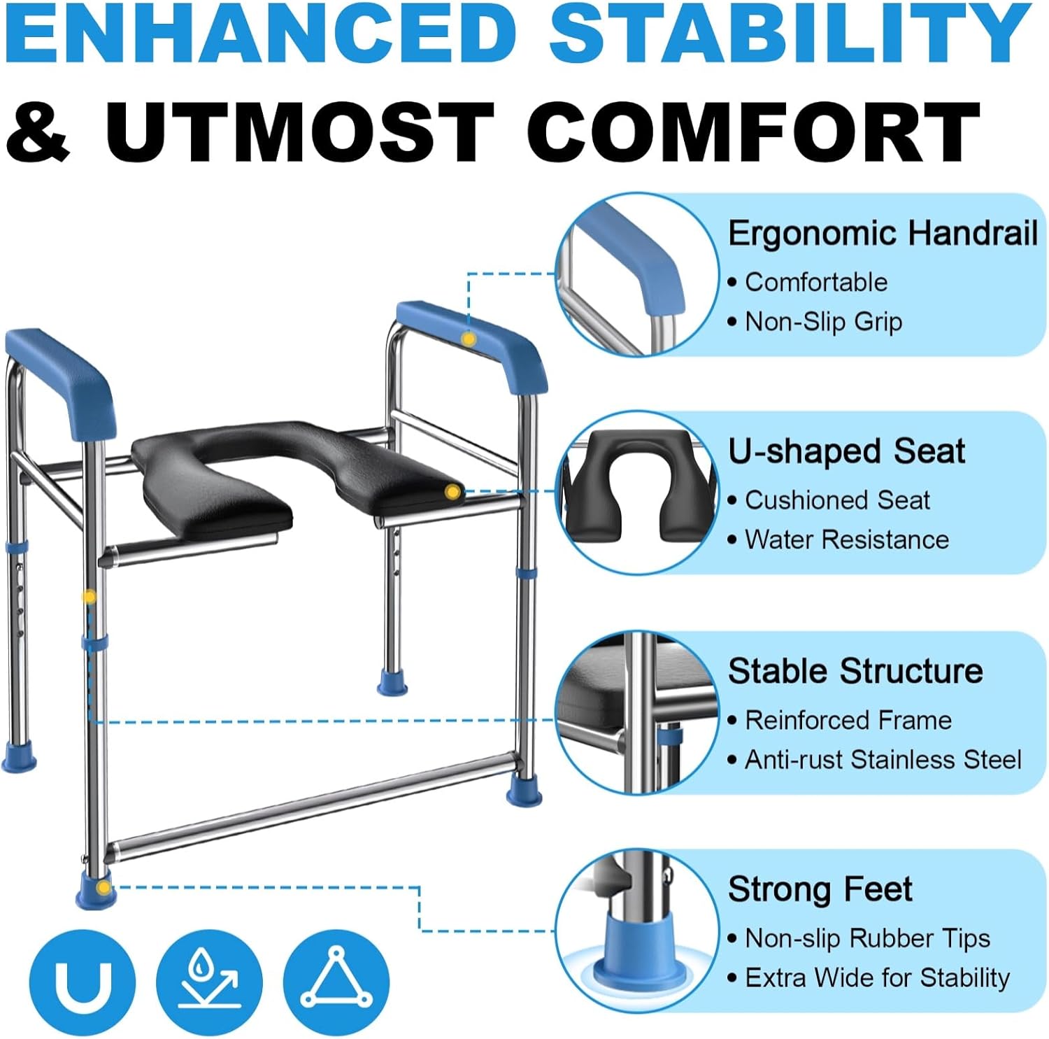 Raised Toilet Seat with Handles for Seniors, Adjustable Height, 400lbs Capacity C803570