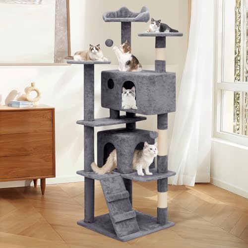 MoNiBloom Cat Tree 60 Inch with 2 Cat Condos, Scratching Post, Smoky Grey U3835
