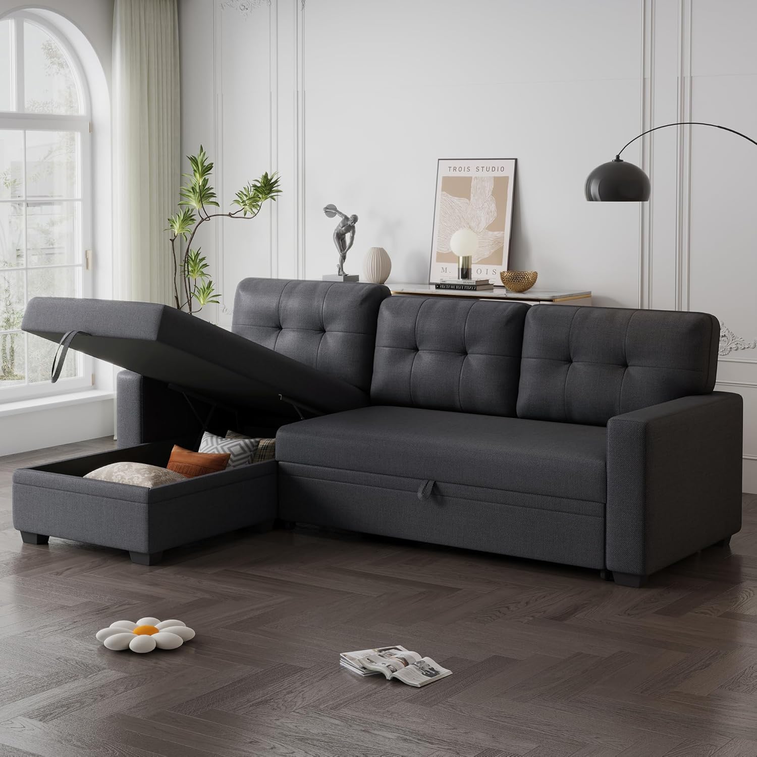 82" Upholstered Pull Out Sofa Bed with Storage Chaise, Dark Gray E40641