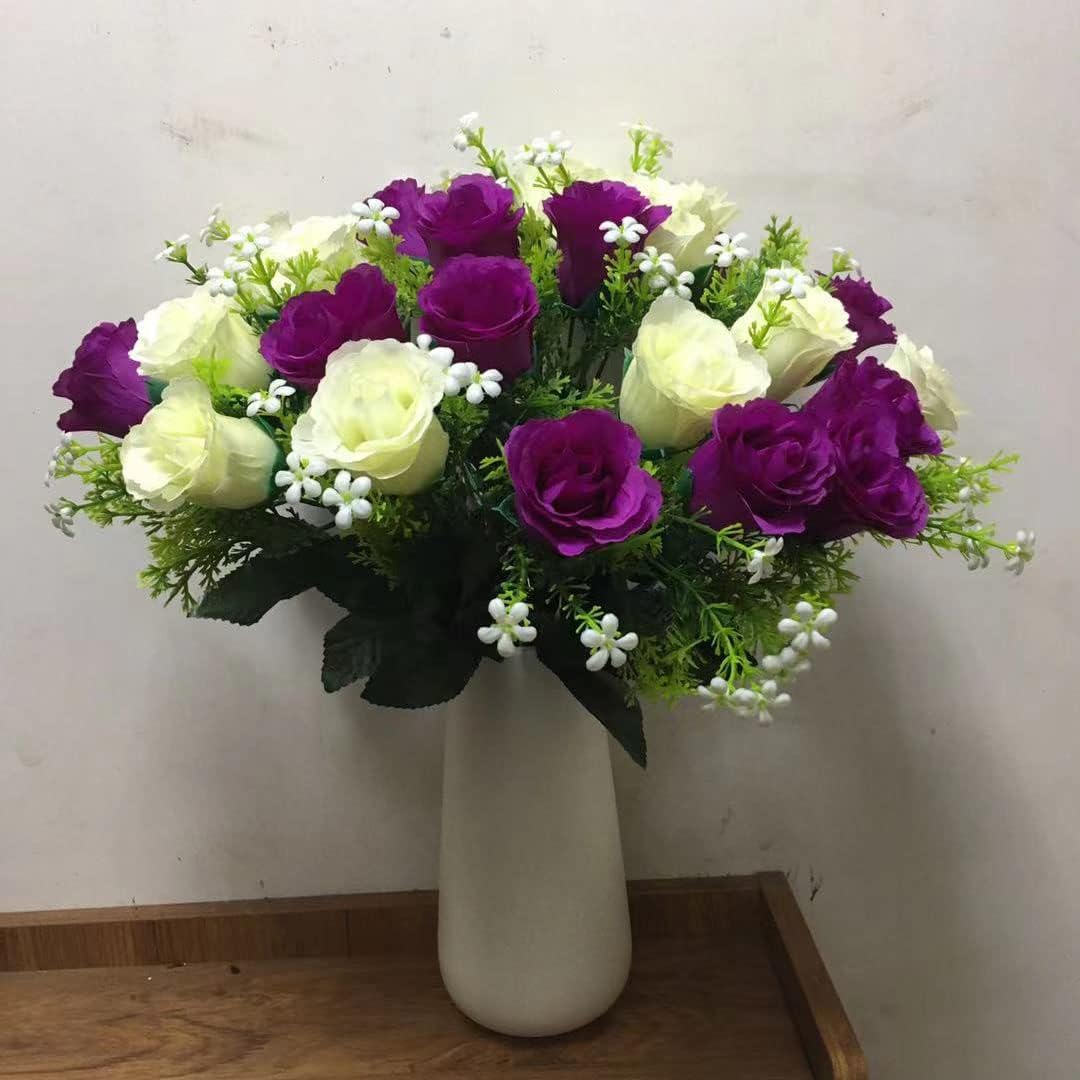 Artificial Cemetery Rose Flowers for Outdoor Grave Decorations, Purple/White A9159