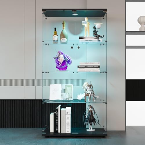 DADEA Glass Display Cabinet with Light and Lock, 4 Shelves, Black L18556