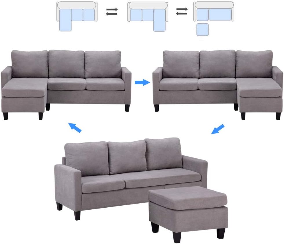 Convertible Sectional Sofa Couch, Linen Fabric L-Shaped with Reversible Chaise, Light Grey E6893