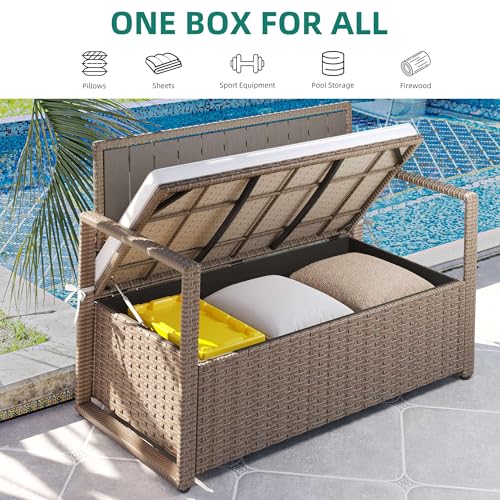 YITAHOME 90 Gallon Outdoor Wicker Storage Bench with Cushion, Black & Beige K940826