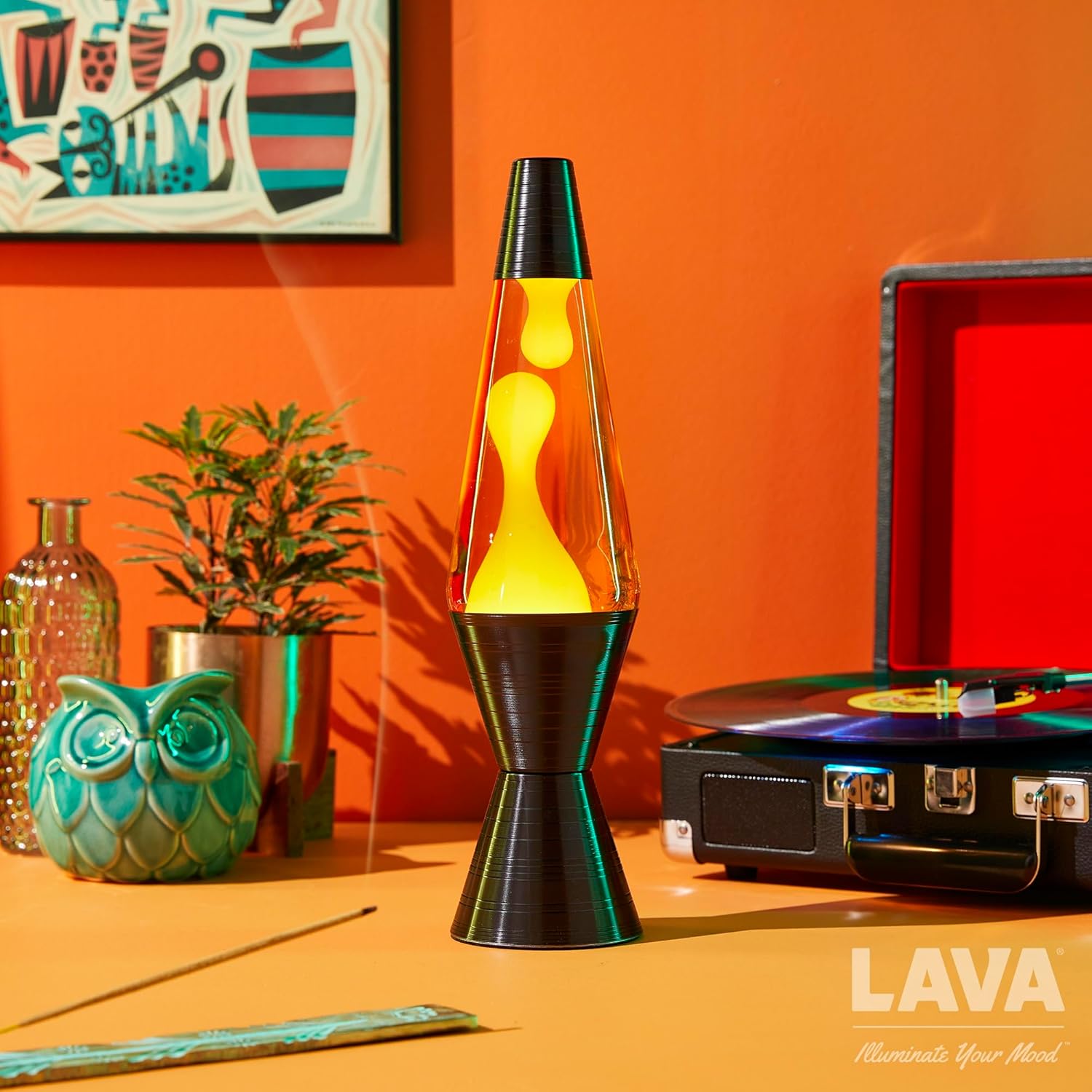 Lava® Lamp 14.5" with Vinyl Record Base, Yellow Wax and Orange Liquid A5208