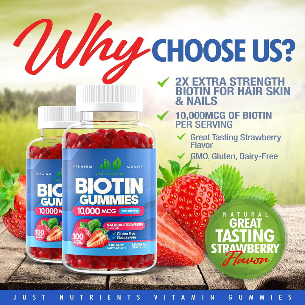 Biotin 10,000mcg Gummies for Women & Men, Strawberry Flavor, 100 Count R181