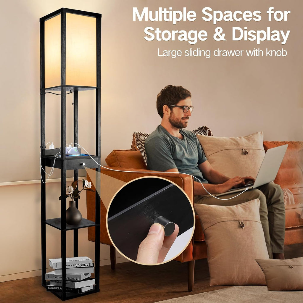OUTON Wood Tripod Floor Lamp with Shelves, Dimmable LED, Remote Control D46512