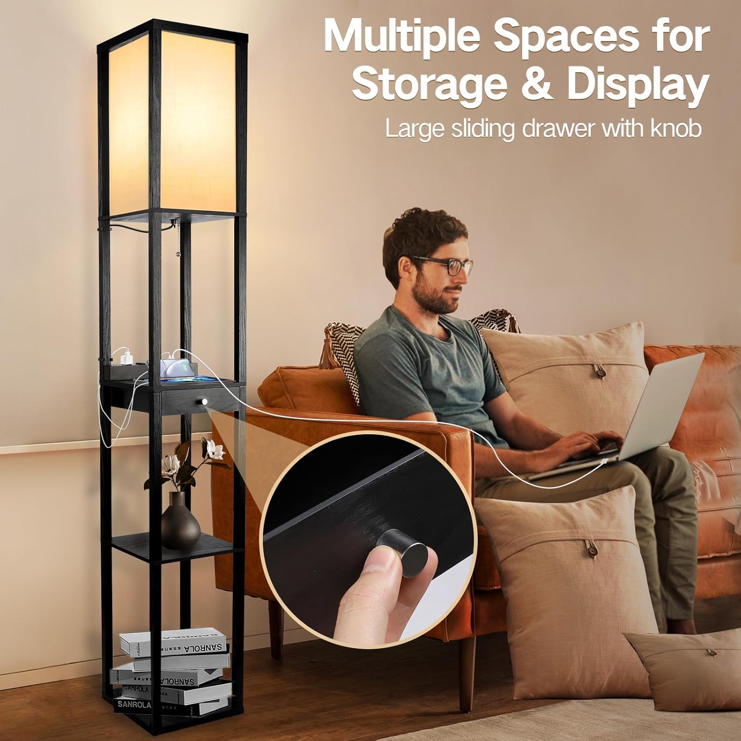 OUTON Wood Tripod Floor Lamp with Shelves, Dimmable LED, Remote Control D46512