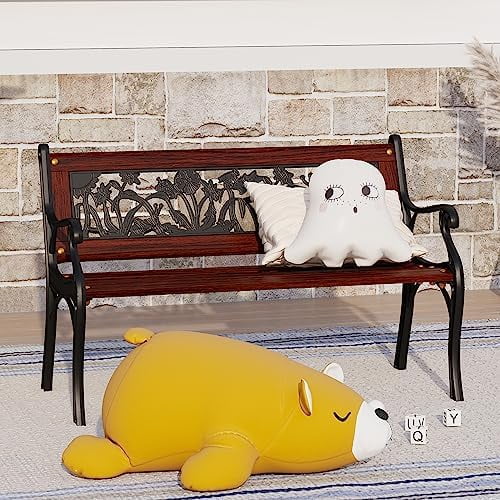 Outdoor Kids Bench Patio Mini Garden Bench with Wooden Seat and Cast Iron Backrest Y4157