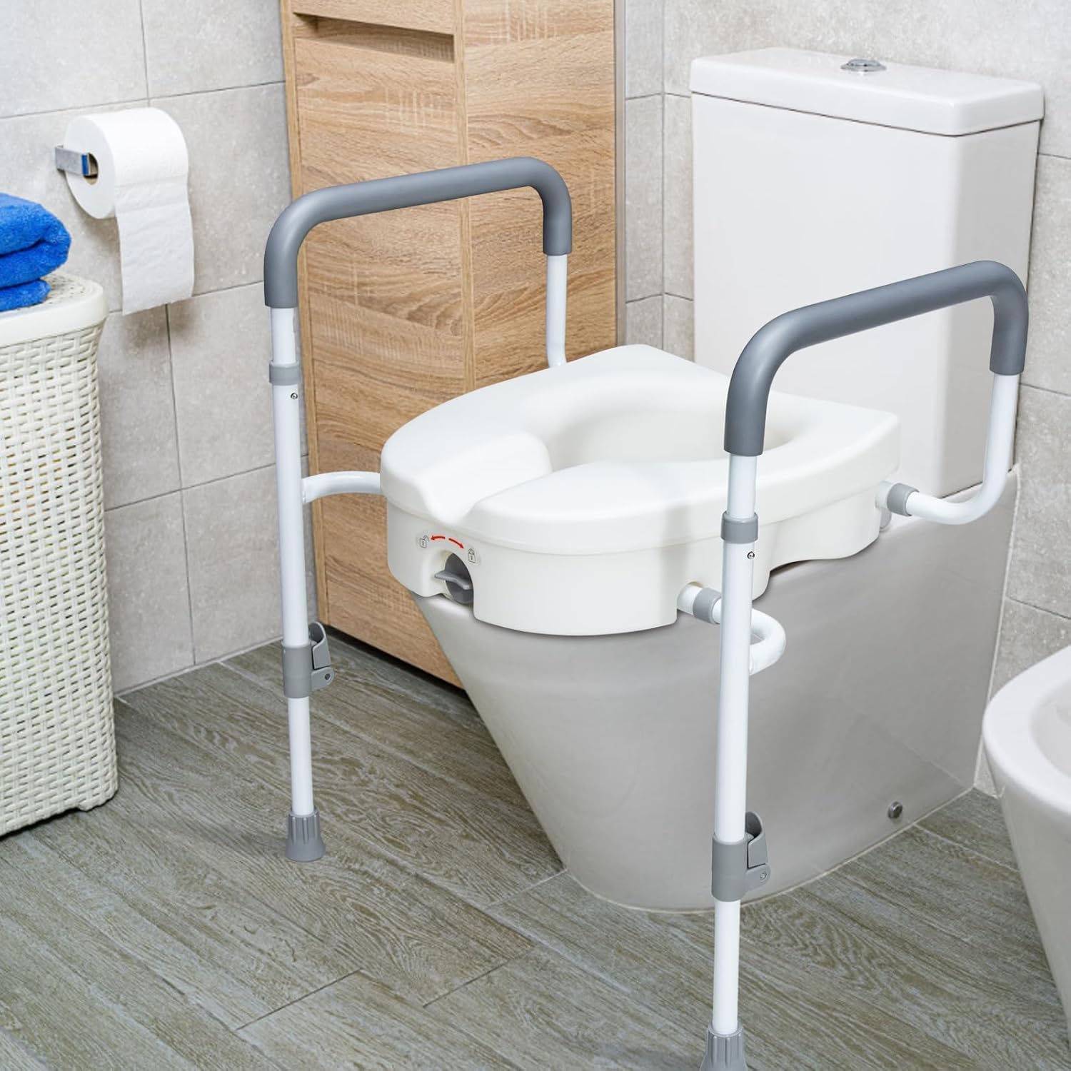 Raised Toilet Seat with Handles for Elderly, Adjustable Padded Arms R46780