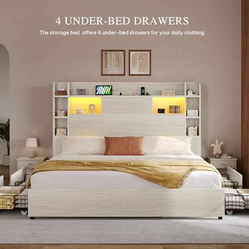 YITAHOME Queen Bed Frame with Bookcase Headboard and 4 Storage Drawers, Black L762695