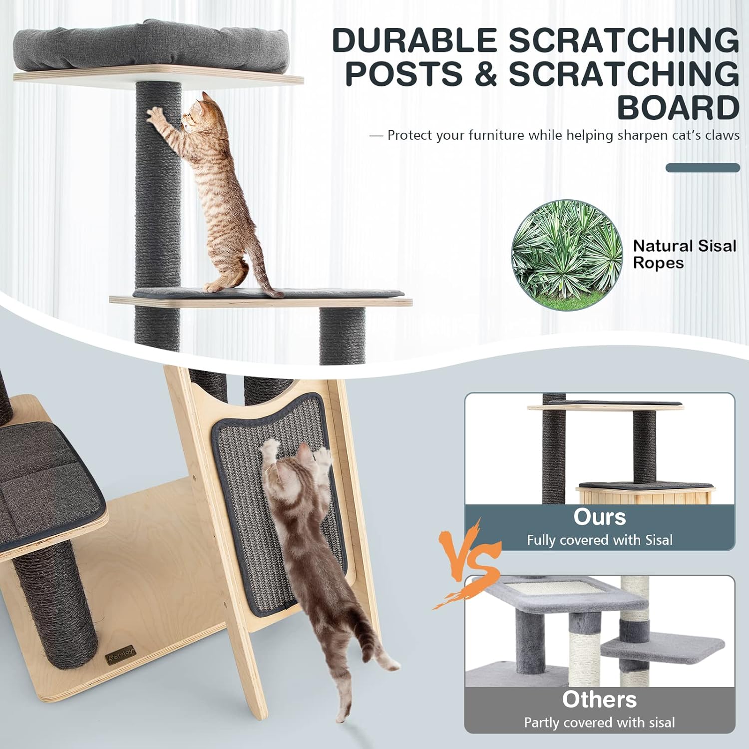 PETSITE 69" Tall Wooden Cat Tree Tower with Sisal Posts, Grey O423