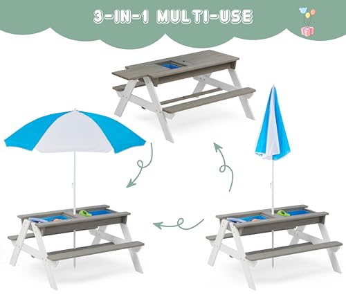 Wooden 3-in-1 Sand & Water Table with Umbrella for Kids Outdoor Play E7312