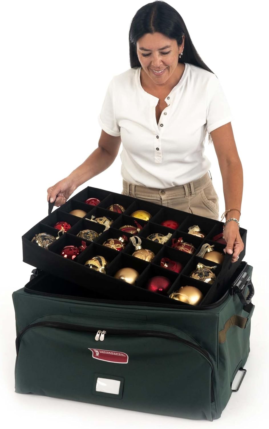 TreeKeeper Green Christmas Ornament Storage Box with Dividers, Holds 72 Ornaments K8261