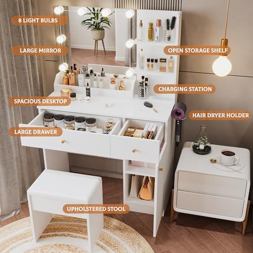 Vanity Desk with Mirror and Lights, Dimmable LED Makeup Table with Drawers and Stool, White K410427