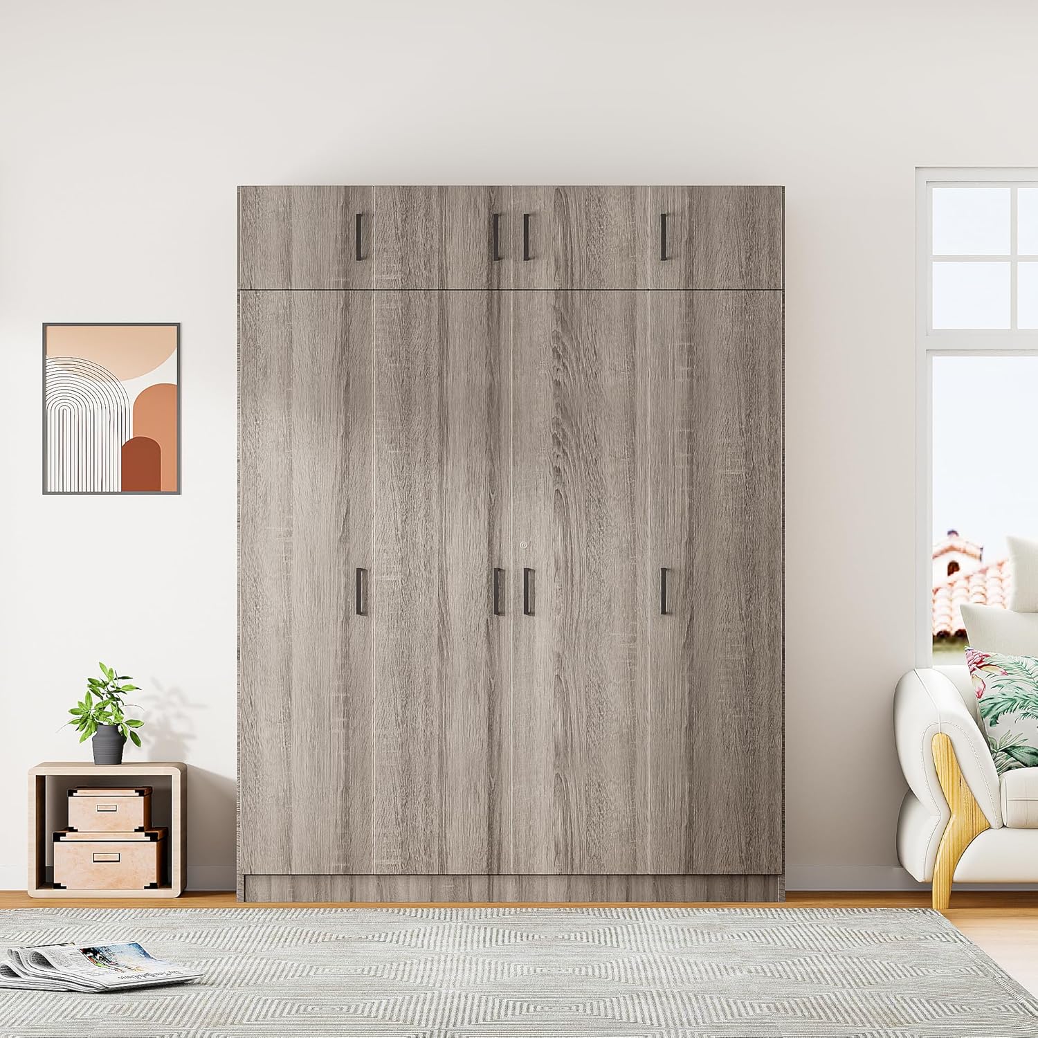 Modern 4-Door Wardrobe with Drawer, Wood High Cabinet Closet, Gray C380