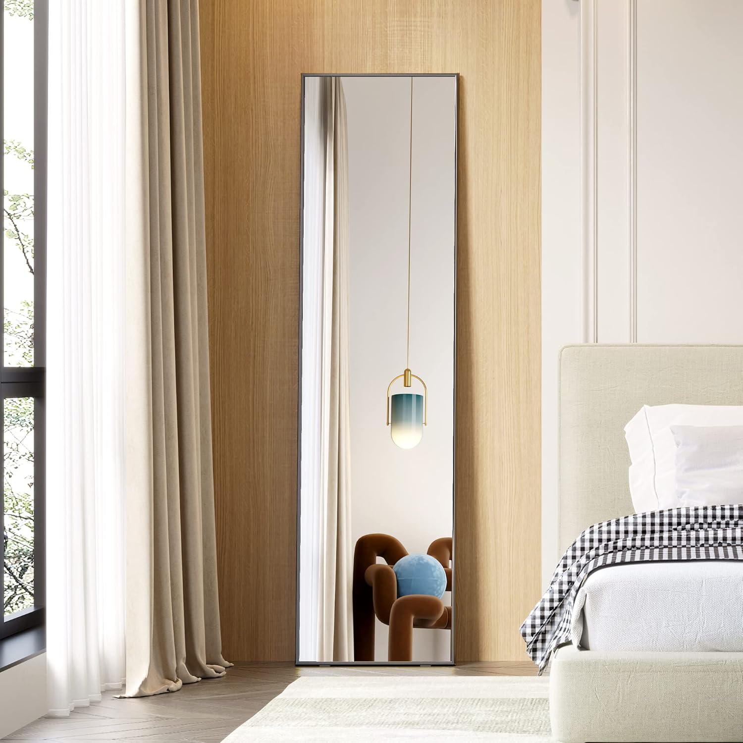 LVSOMT Full Length Mirror with Stand, 63"x16", Black W7641
