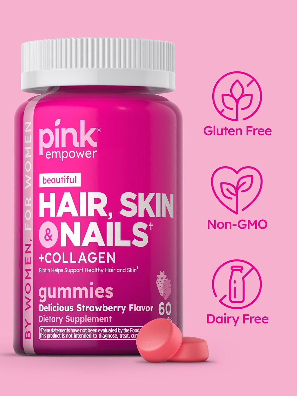 PINK Hair Skin Nails Gummies with Collagen & Biotin, Strawberry, 60 Count Z957016