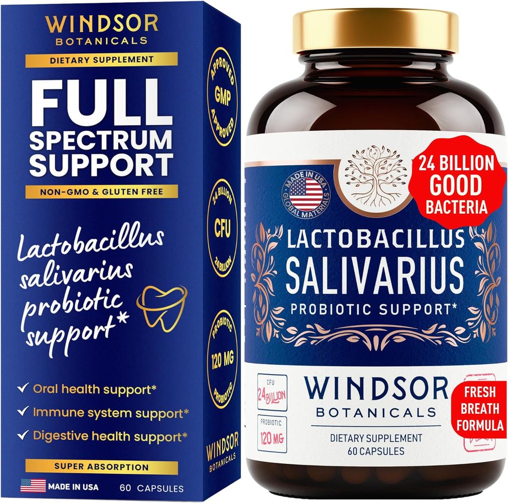 Lactobacillus Salivarius Probiotic Capsules - L Salivarius Probiotic Oral Dental Probiotics for Bad Breath, Teeth and Gums Health - Immune Support, Digestive Probiotic - 24bn CFU, 60 Caps