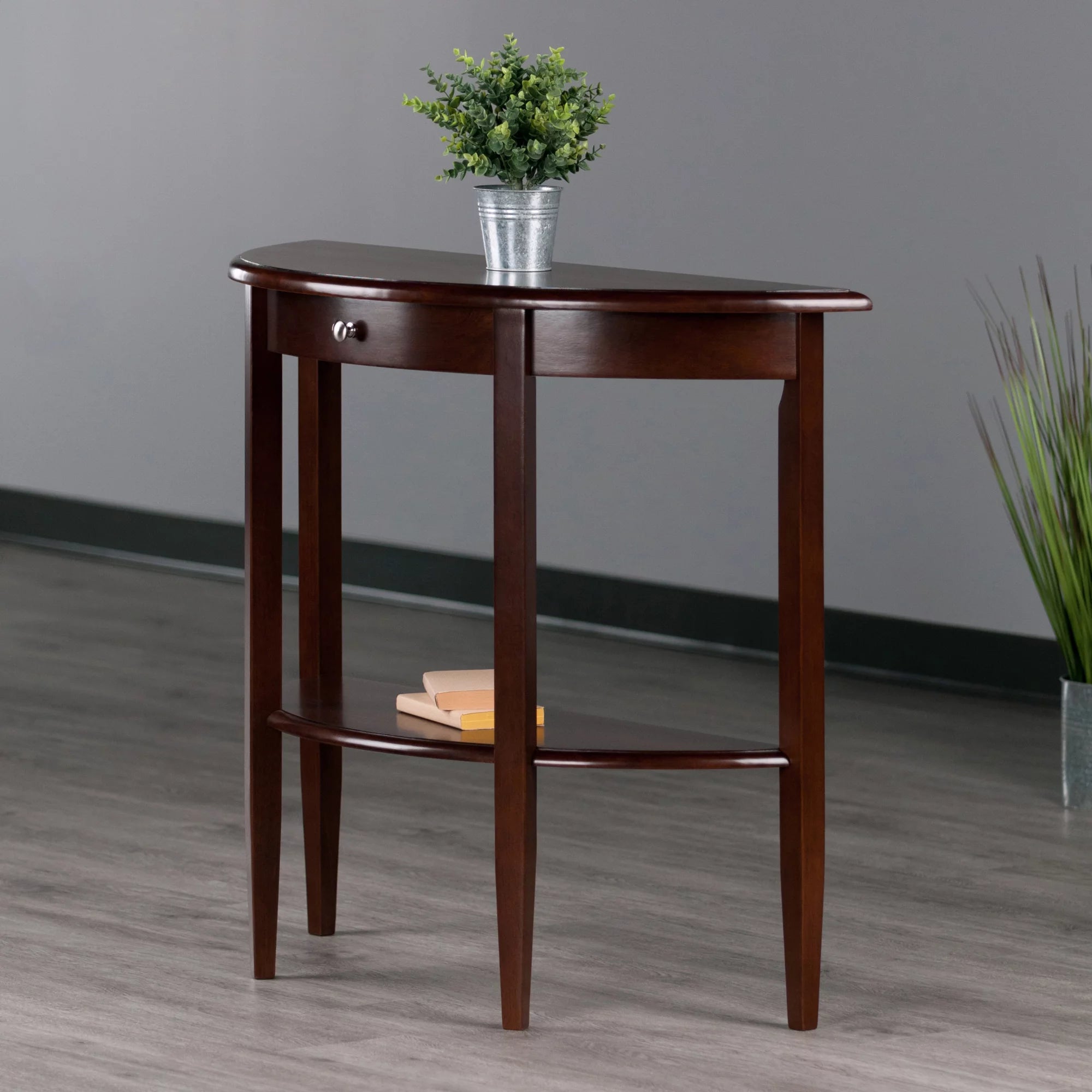 Winsome Wood Concord Half Moon Console Table with Drawer and Shelf, Walnut Finish F52882