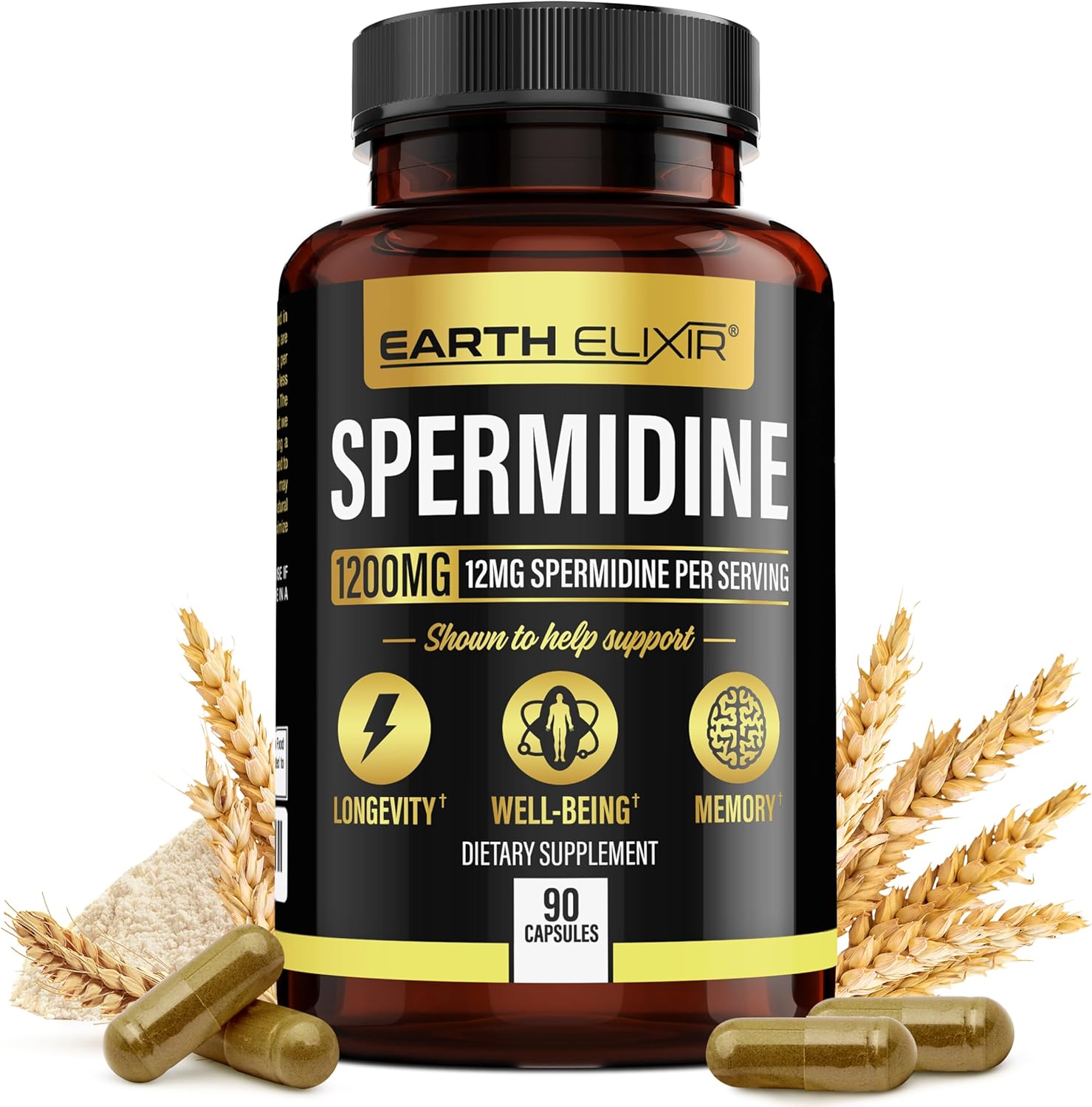 Spermidine Supplements 1200mg (90 Capsules) – Anti Aging - 3rd Party Tested (12mg Spermidine powder) Max Purity - 100% Pure Espermidina- Fermented Wheat Germ Extract - NMN Alternative