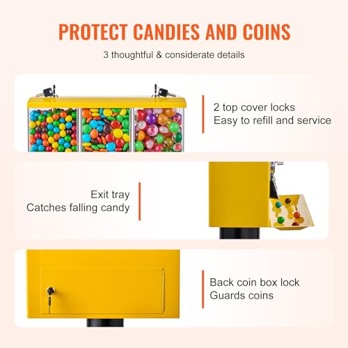 VEVOR Commercial Vending Machine, Triple Compartment Candy Dispenser with Iron Stand, Yellow K8189
