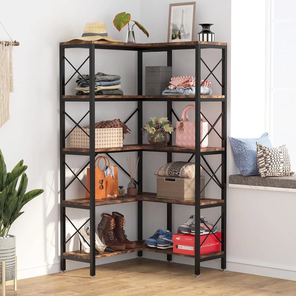 Tribesigns 5-Tier Corner Bookshelf, Tall Open Display Rack, Rustic Brown W18856