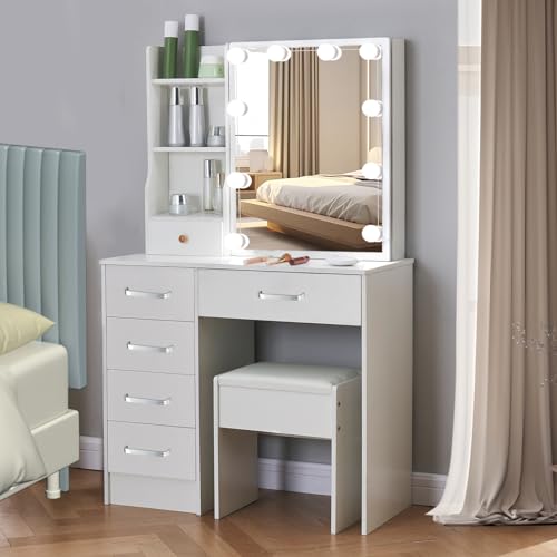 White Makeup Vanity Desk with Lighted Mirror and Drawers Z373651
