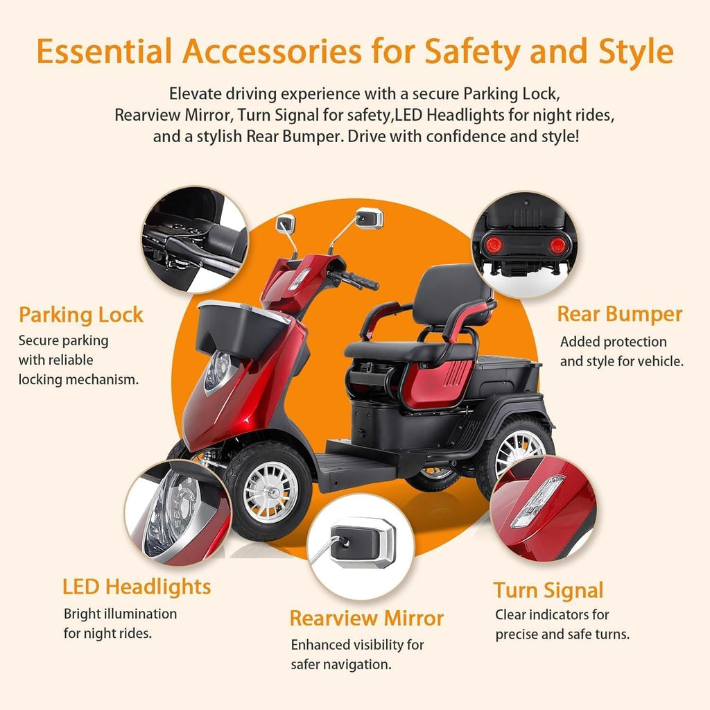 3 Speed 1000W 2 Seater Mobility Scooter with Bluetooth Speaker, Red D555