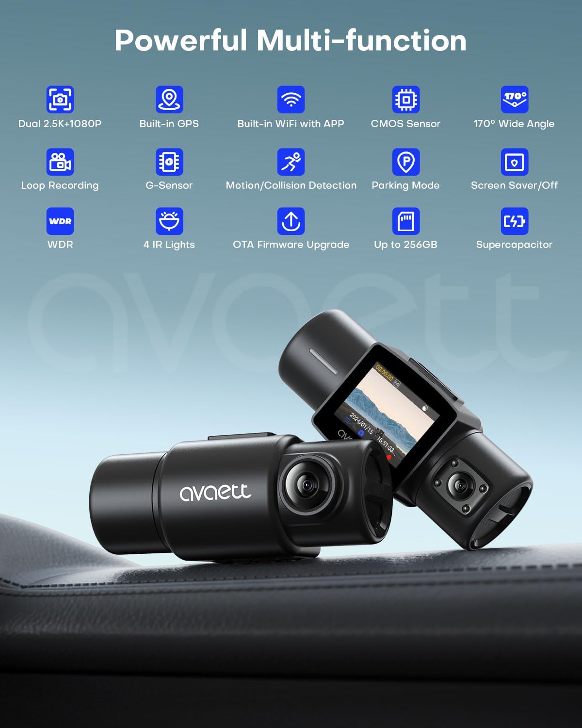 Avaett D60 Dual 2.5K Dash Cam Front and Inside with WiFi GPS Q77973